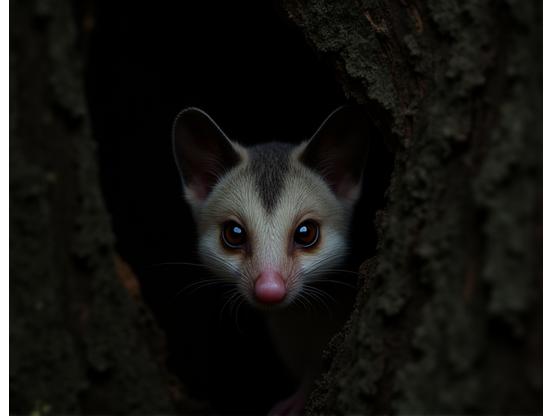 A curious brushtail possum peering from a tree at night.